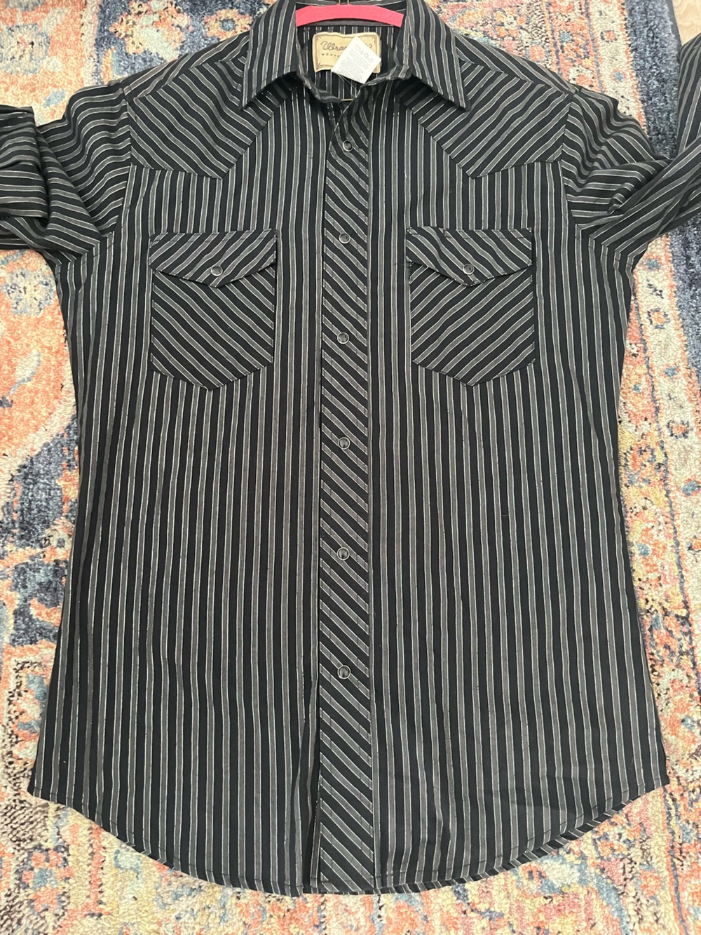 Wrangler Western Shirt Mens Size Small Black Striped pearl Snap Metallic